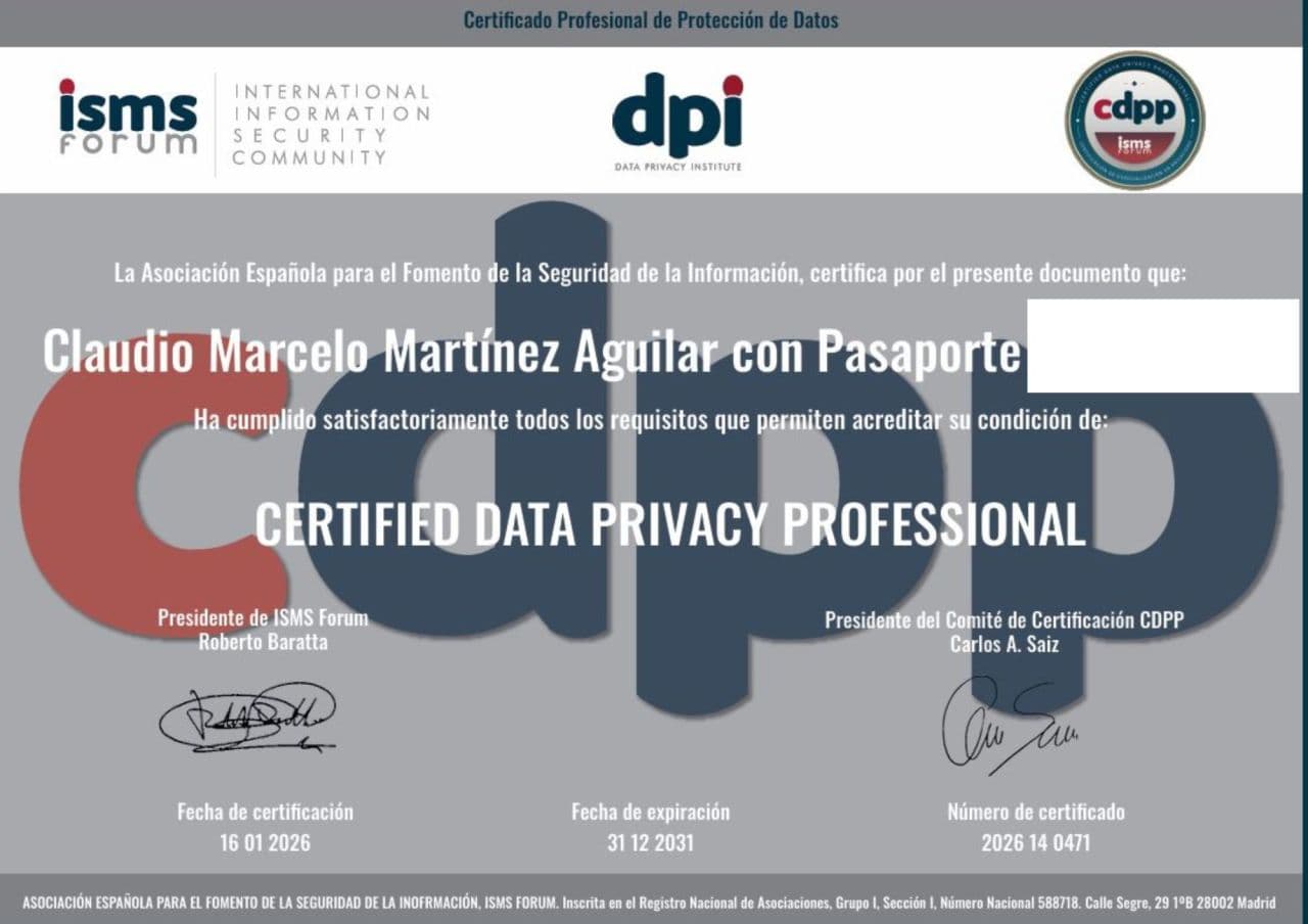 Certificado de Delegado de Protección de Datos emitido por el esquema de certificación del ISMS Forum.